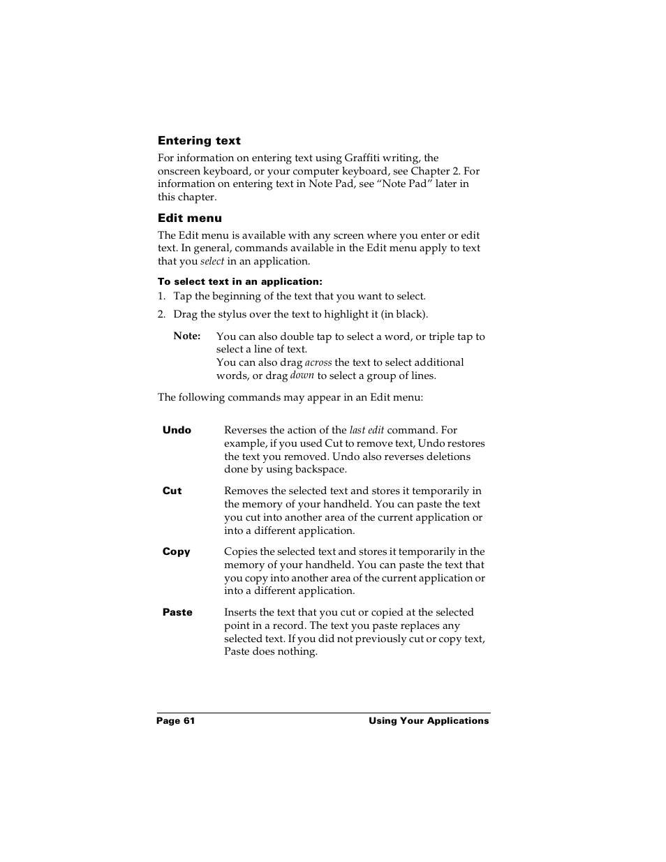 Entering text, Edit menu, To select text in an application | Palm Handhelds m100 User Manual | Page 68 / 219