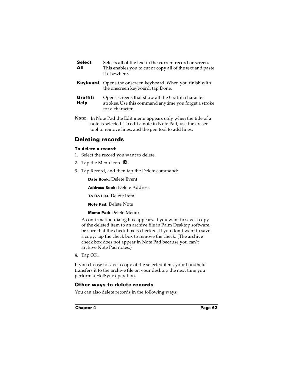 Deleting records, To delete a record, Other ways to delete records | Palm Handhelds m100 User Manual | Page 69 / 219