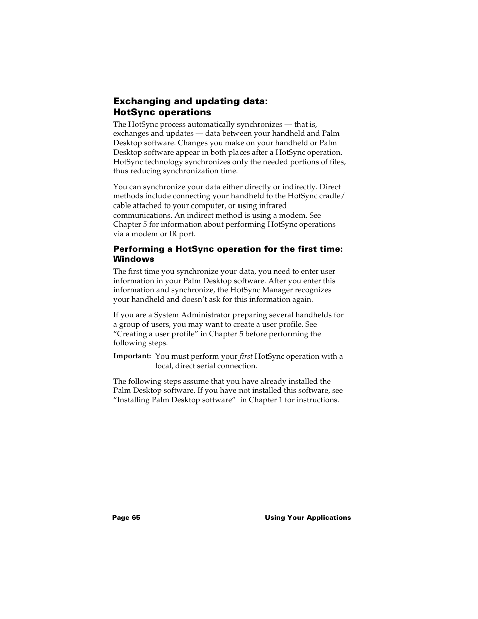 Exchanging and updating data: hotsync operations | Palm Handhelds m100 User Manual | Page 72 / 219