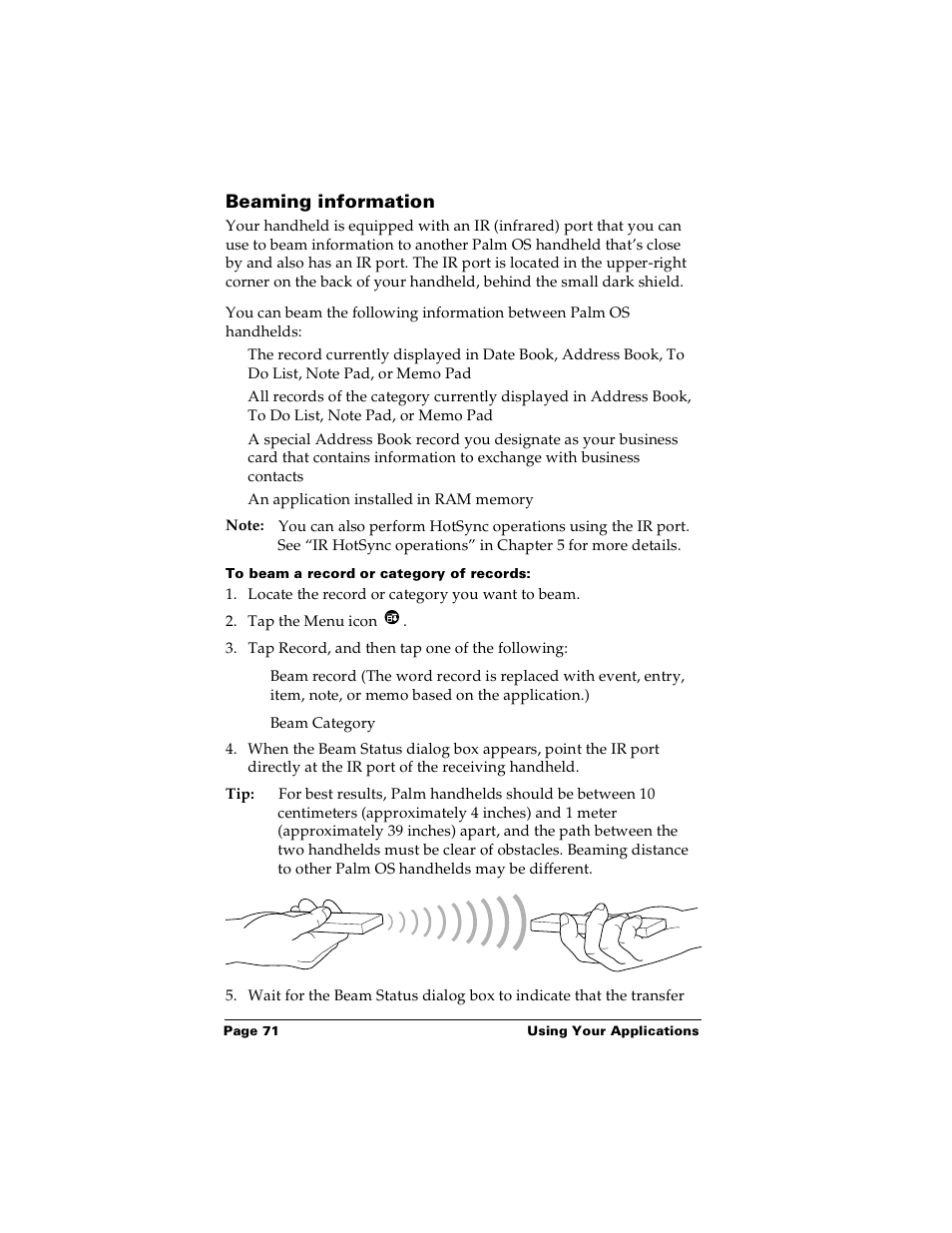 Beaming information, To beam a record or category of records, S. see “beaming information” in chapter 4 an | Palm Handhelds m100 User Manual | Page 78 / 219