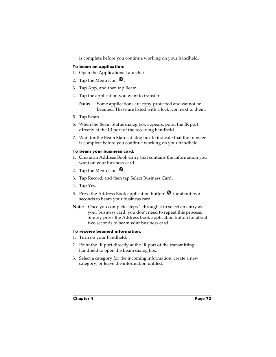 To beam an application, To beam your business card, To receive beamed information | Palm Handhelds m100 User Manual | Page 79 / 219