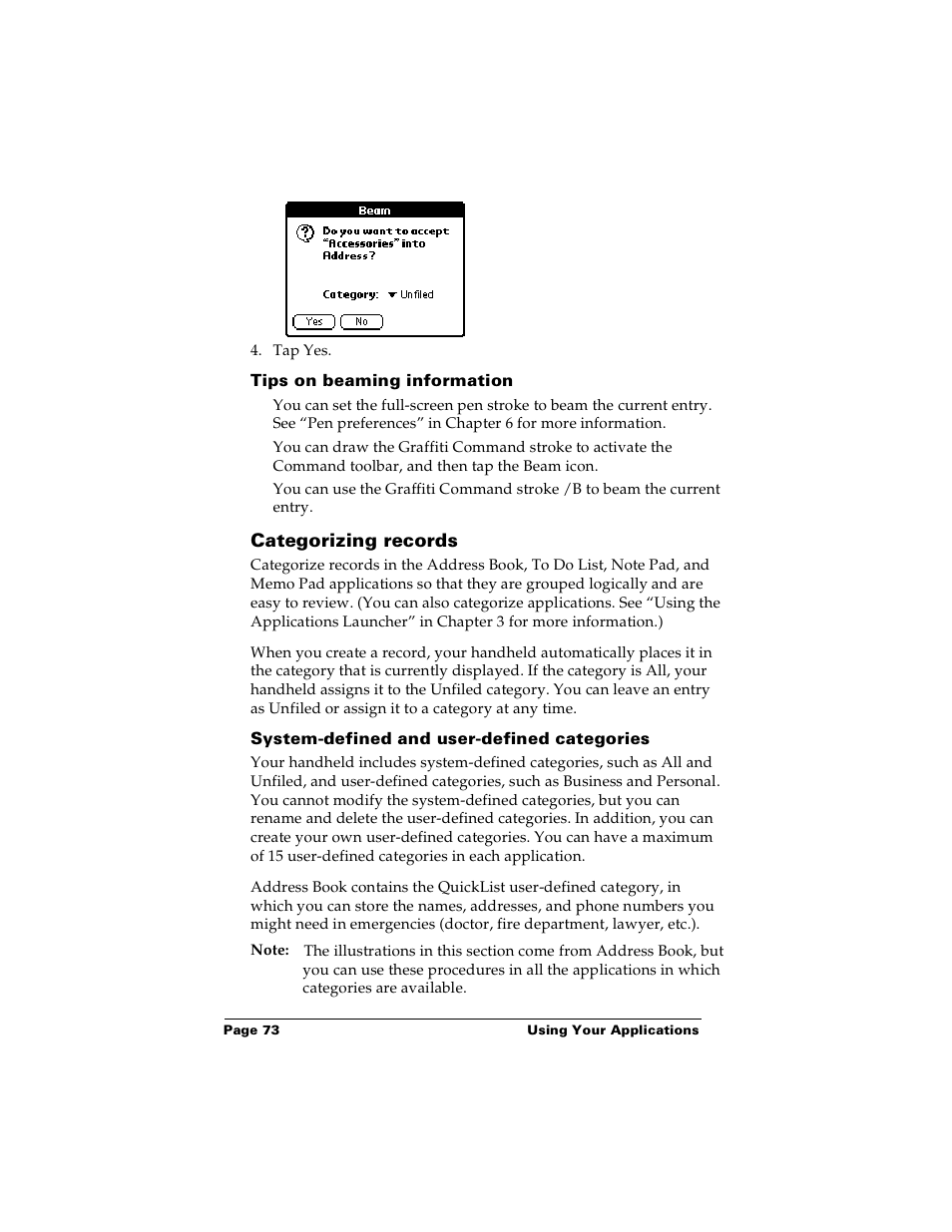 Tips on beaming information, Categorizing records, System-defined and user-defined categories | Palm Handhelds m100 User Manual | Page 80 / 219