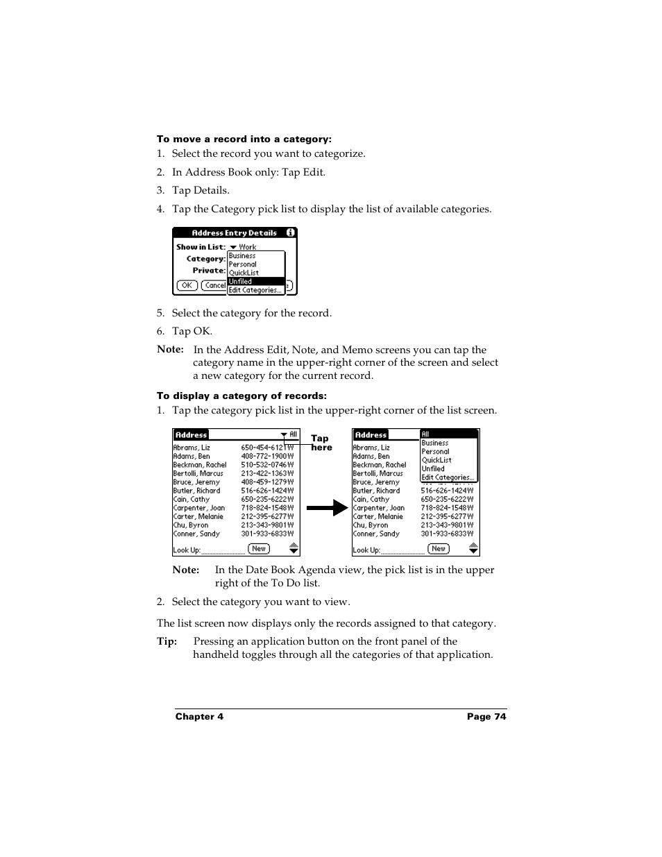 To move a record into a category, To display a category of records | Palm Handhelds m100 User Manual | Page 81 / 219