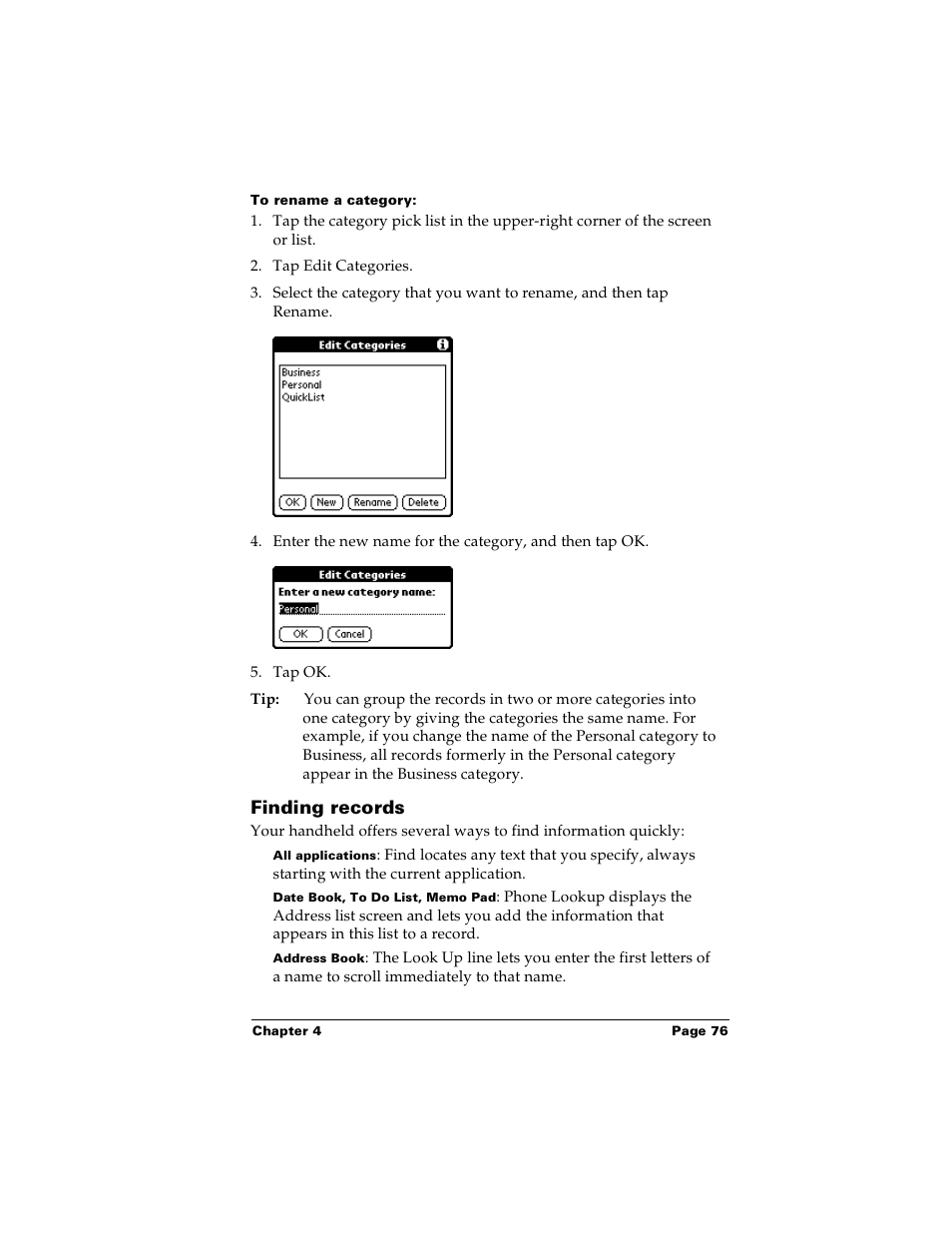 To rename a category, Finding records, Connection preferences | Palm Handhelds m100 User Manual | Page 83 / 219