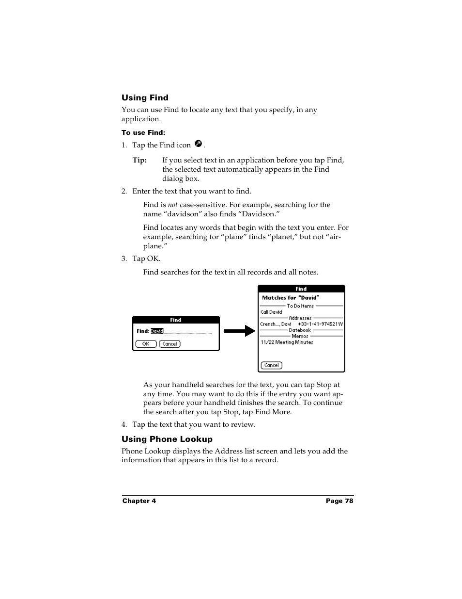 Using find, To use find, Using phone lookup | Palm Handhelds m100 User Manual | Page 85 / 219
