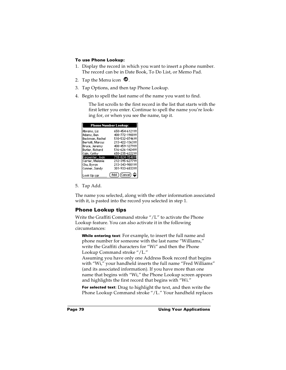 To use phone lookup, Phone lookup tips | Palm Handhelds m100 User Manual | Page 86 / 219