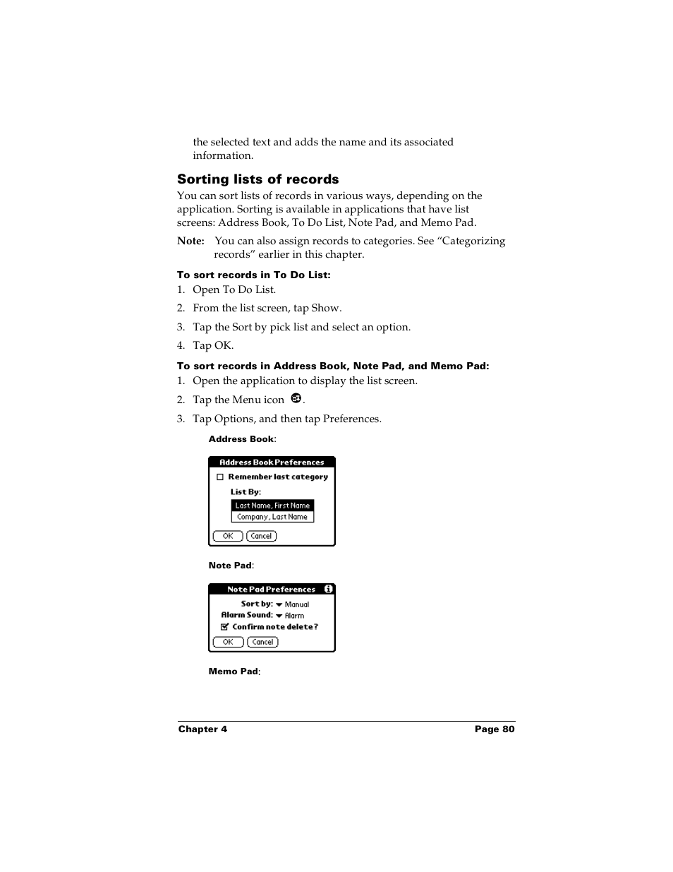 Sorting lists of records, To sort records in to do list | Palm Handhelds m100 User Manual | Page 87 / 219