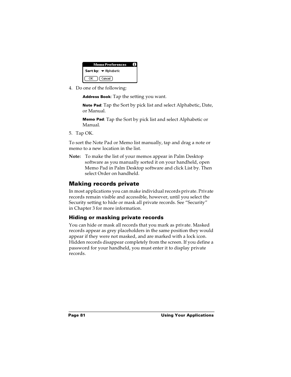 Making records private, Hiding or masking private records | Palm Handhelds m100 User Manual | Page 88 / 219