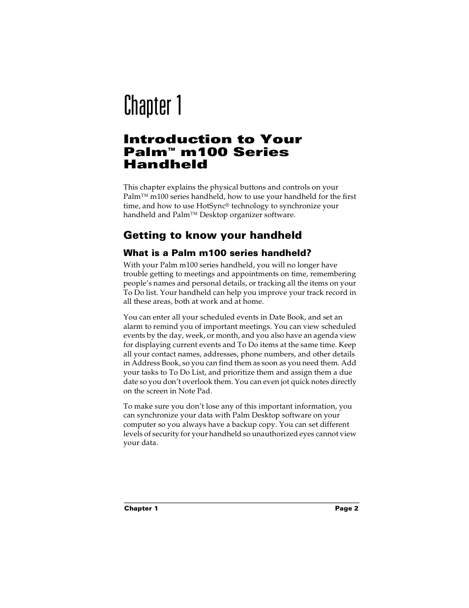 Chapter 1, Introduction to your palm™ m100 series handheld, Getting to know your handheld | What is a palm m100 series handheld, Introduction to your palm, M100 series handheld | Palm Handhelds m100 User Manual | Page 9 / 219