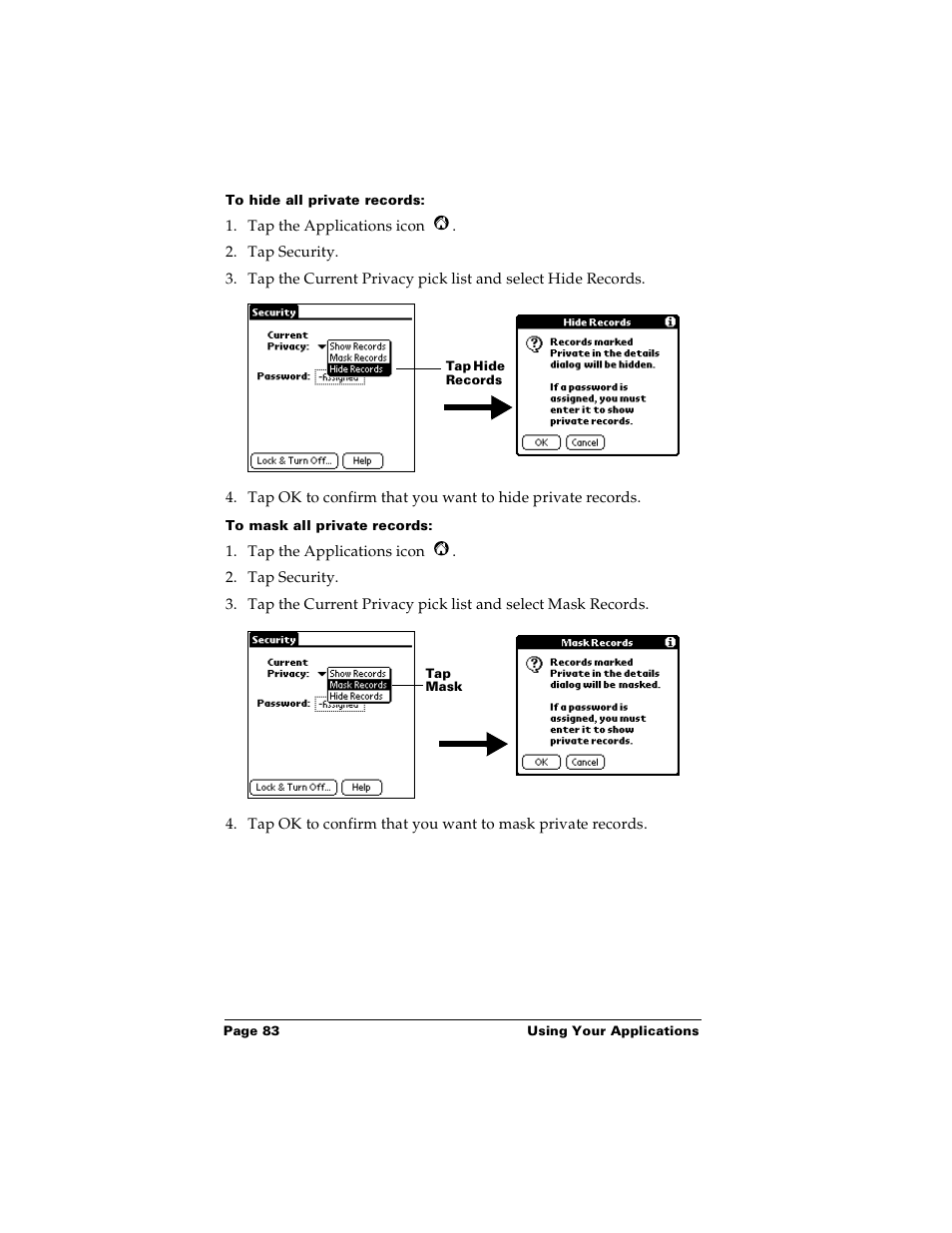 To hide all private records, To mask all private records | Palm Handhelds m100 User Manual | Page 90 / 219