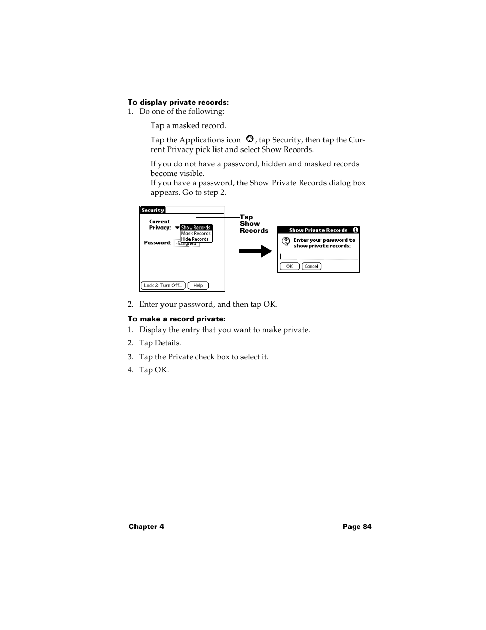 To display private records, To make a record private | Palm Handhelds m100 User Manual | Page 91 / 219