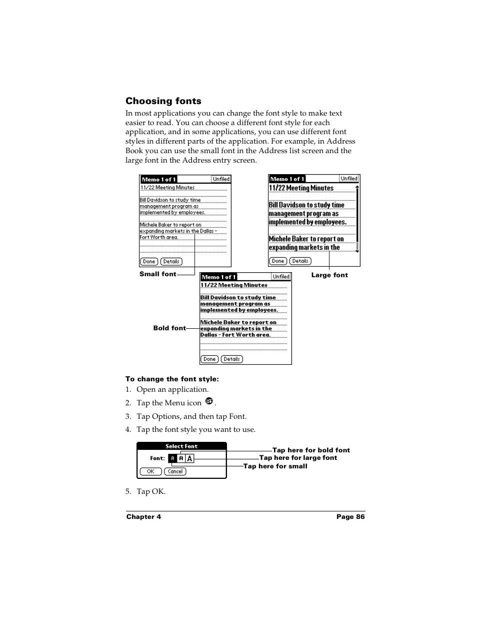 Choosing fonts, To change the font style | Palm Handhelds m100 User Manual | Page 93 / 219