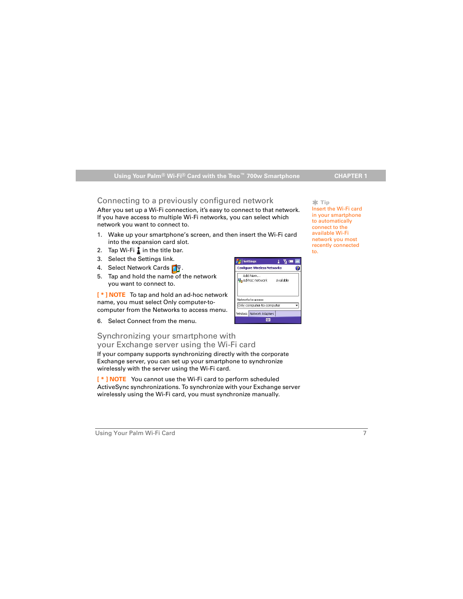 Connecting to a previously configured network, Using the wi-fi card | Palm Wi-Fi Card User Manual | Page 11 / 22