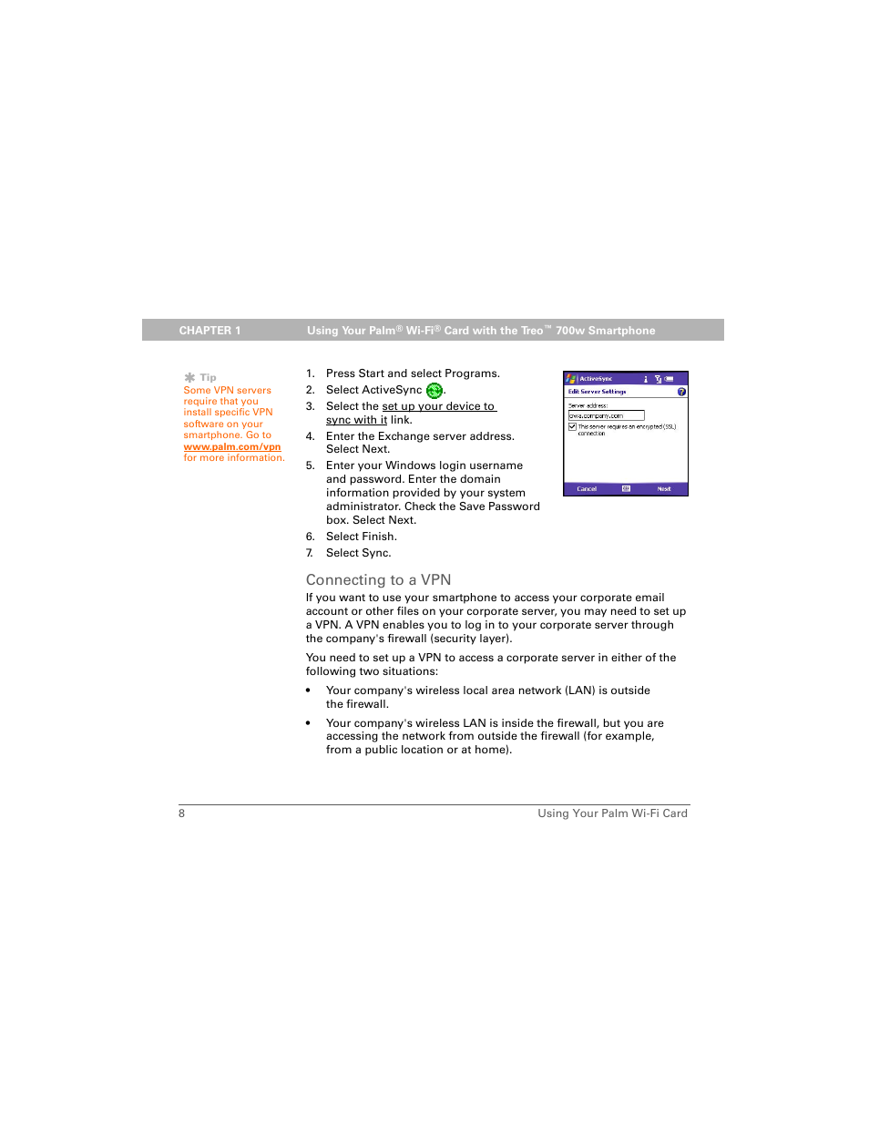 Connecting to a vpn | Palm Wi-Fi Card User Manual | Page 12 / 22