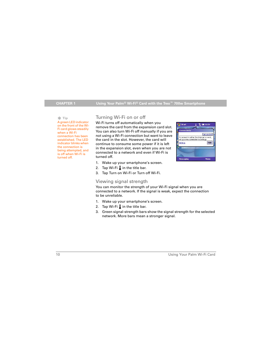 Turning wi-fi on or off, Viewing signal strength, Turning wi-fi on or off viewing signal strength | Palm Wi-Fi Card User Manual | Page 14 / 22