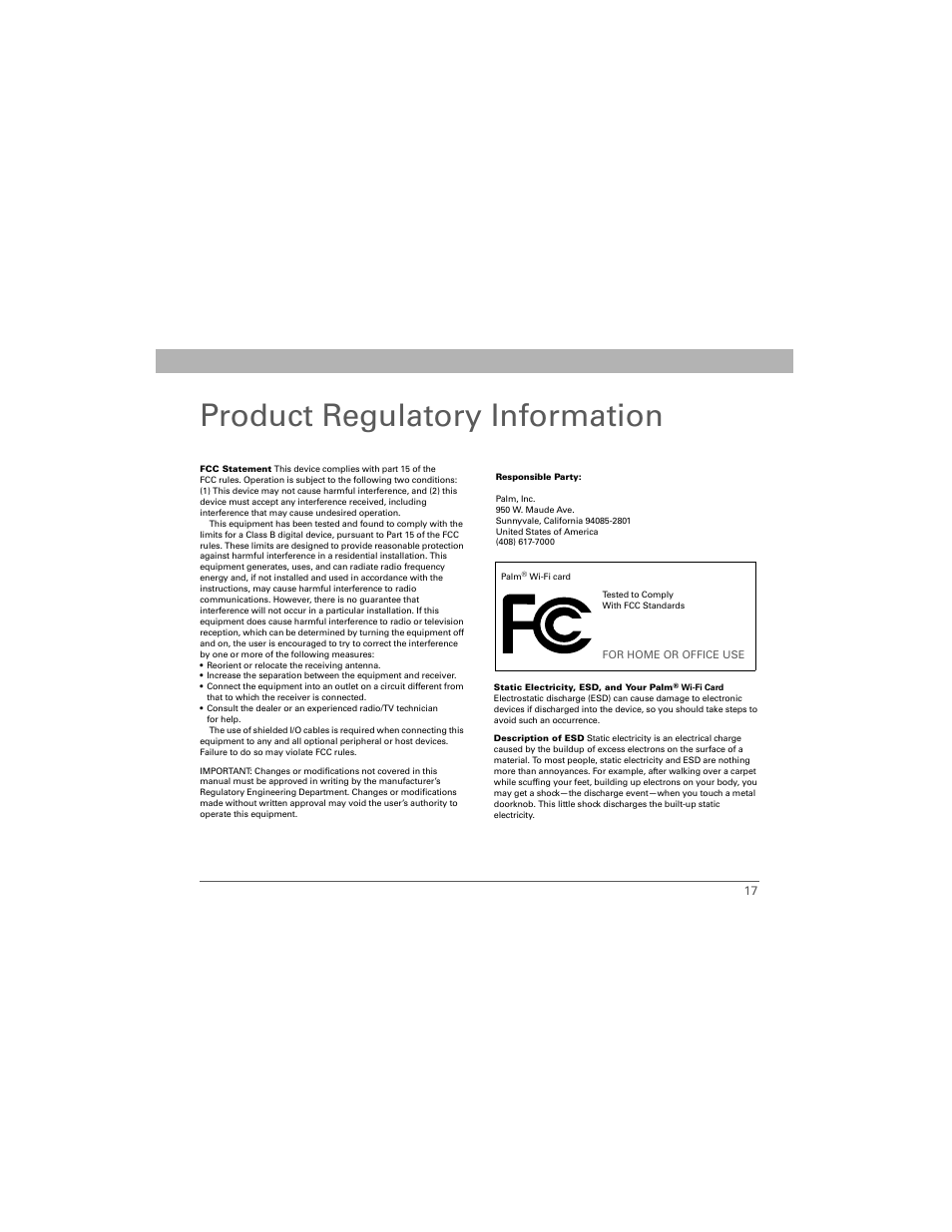 Product regulatory information | Palm Wi-Fi Card User Manual | Page 21 / 22