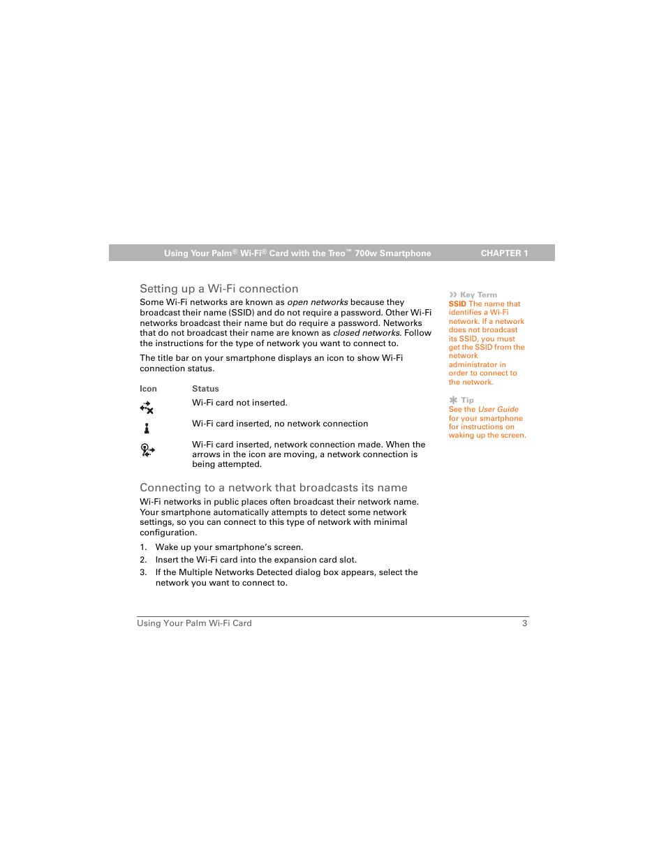 Setting up a wi-fi connection, Connecting to a network that broadcasts its name | Palm Wi-Fi Card User Manual | Page 7 / 22