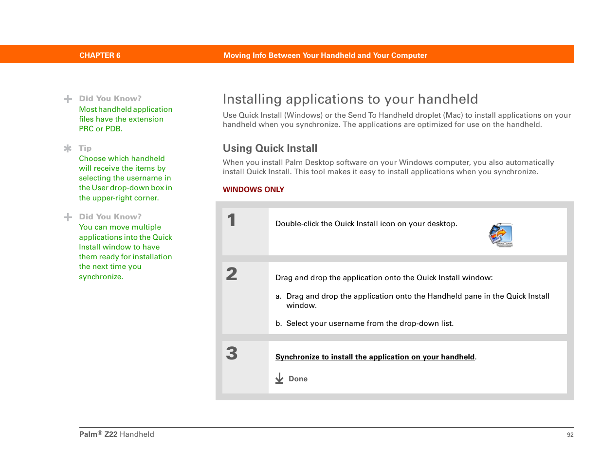 Installing applications to your handheld, Using quick install, Quick install | Palm Z22 User Manual | Page 106 / 343