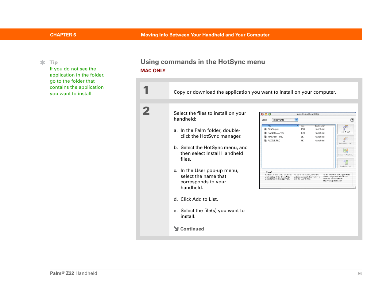 Using commands in the hotsync menu | Palm Z22 User Manual | Page 108 / 343