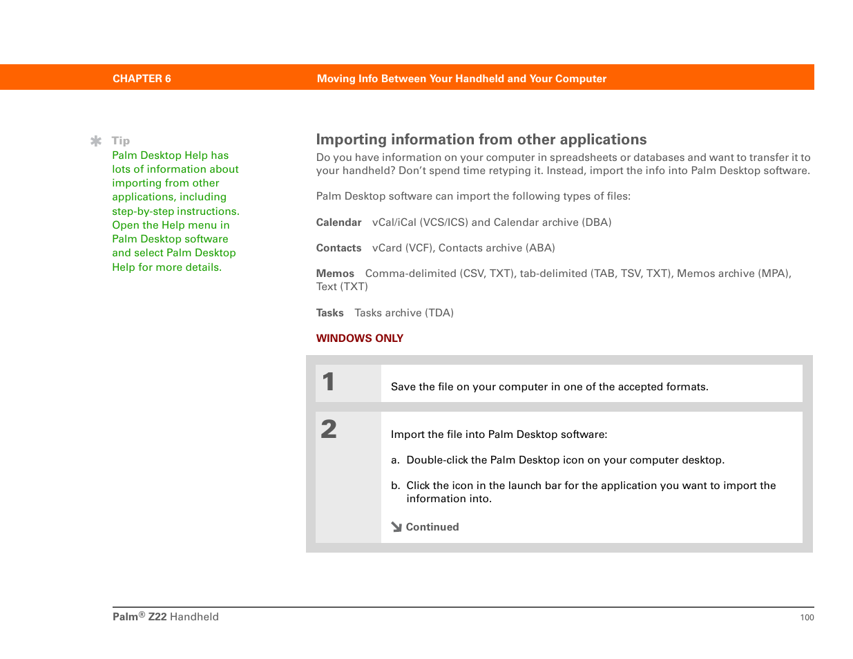 Importing information from other applications | Palm Z22 User Manual | Page 114 / 343