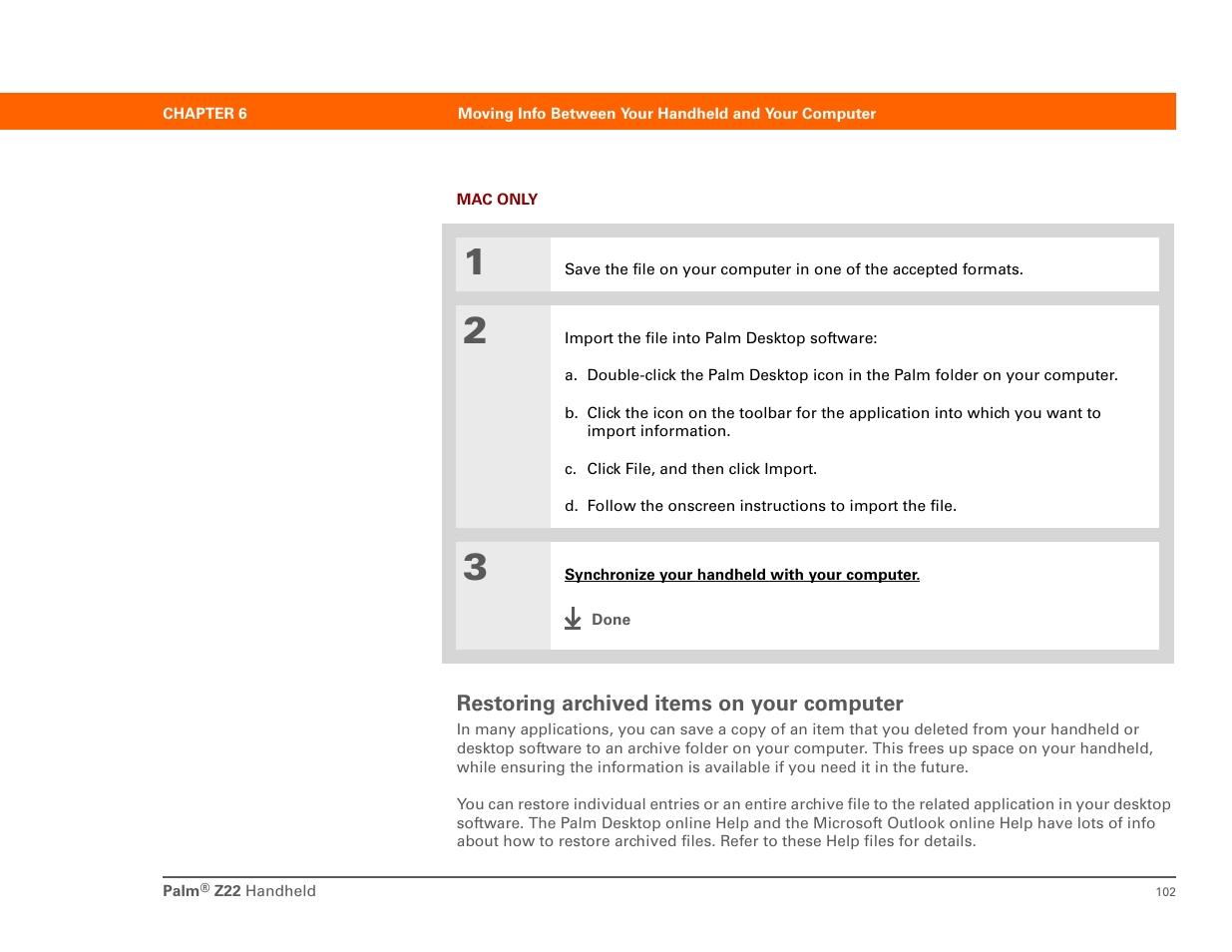 Restoring archived items on your computer | Palm Z22 User Manual | Page 116 / 343