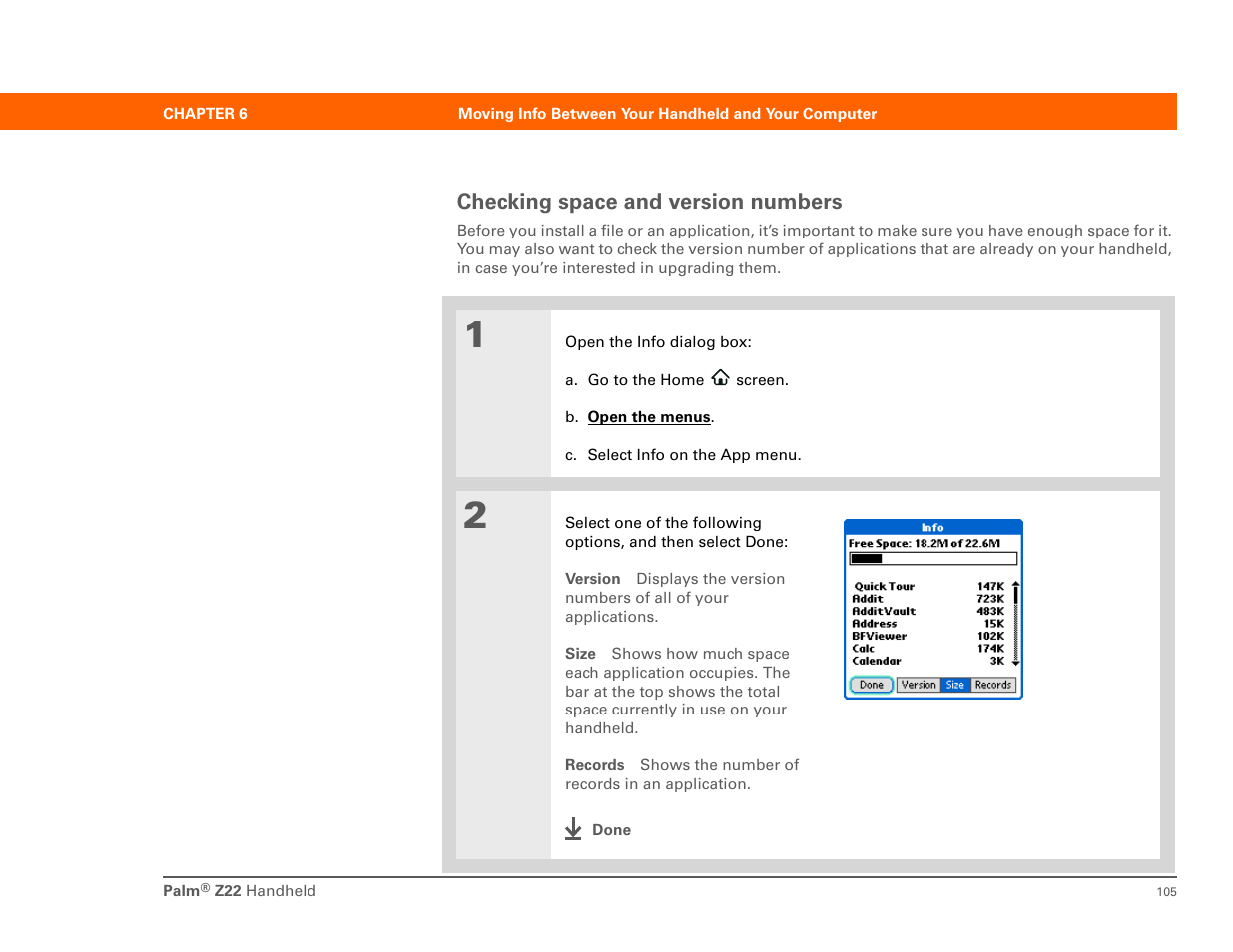 Checking space and version numbers | Palm Z22 User Manual | Page 119 / 343