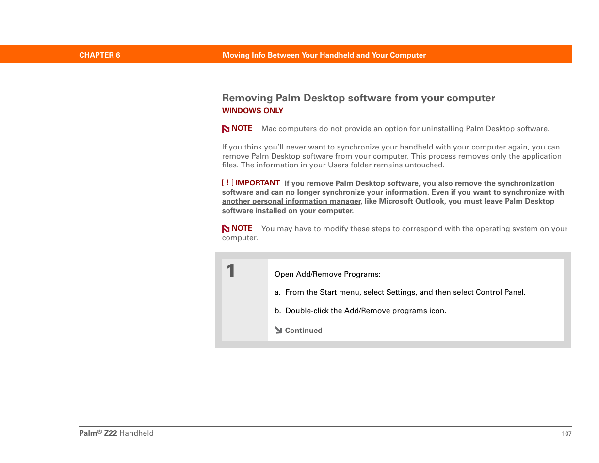 Removing palm desktop software from your computer | Palm Z22 User Manual | Page 121 / 343