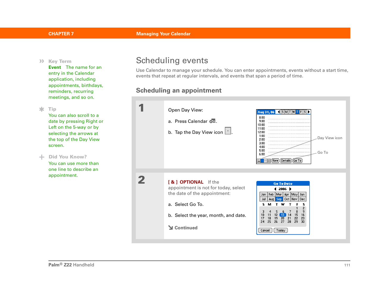 Scheduling events, Scheduling an appointment | Palm Z22 User Manual | Page 125 / 343