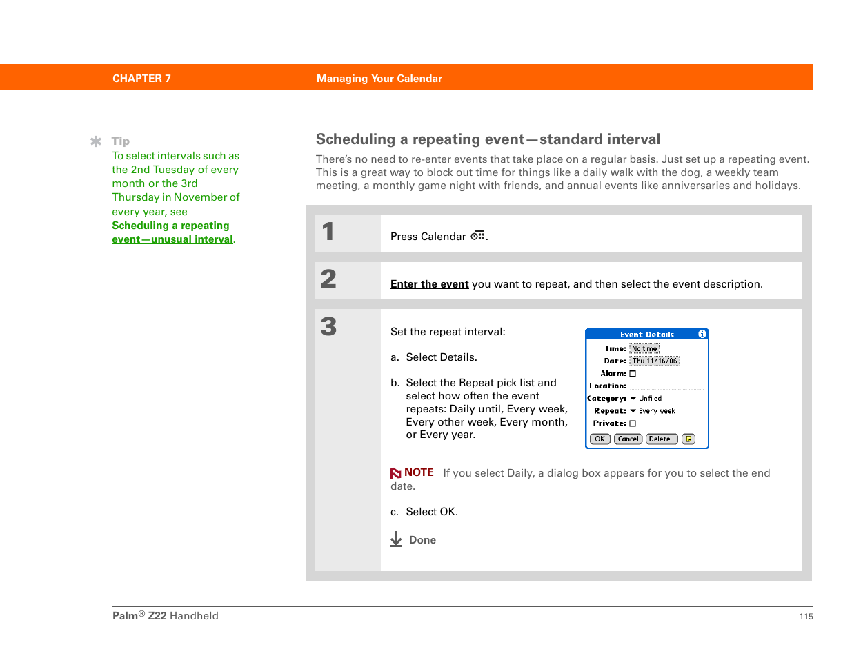Scheduling a repeating event-standard interval, Scheduling a repeating event—standard interval | Palm Z22 User Manual | Page 129 / 343