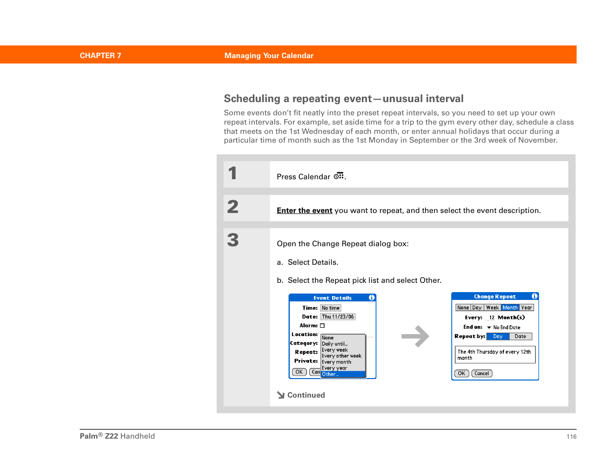 Scheduling a repeating event-unusual interval, Scheduling a repeating event—unusual interval | Palm Z22 User Manual | Page 130 / 343