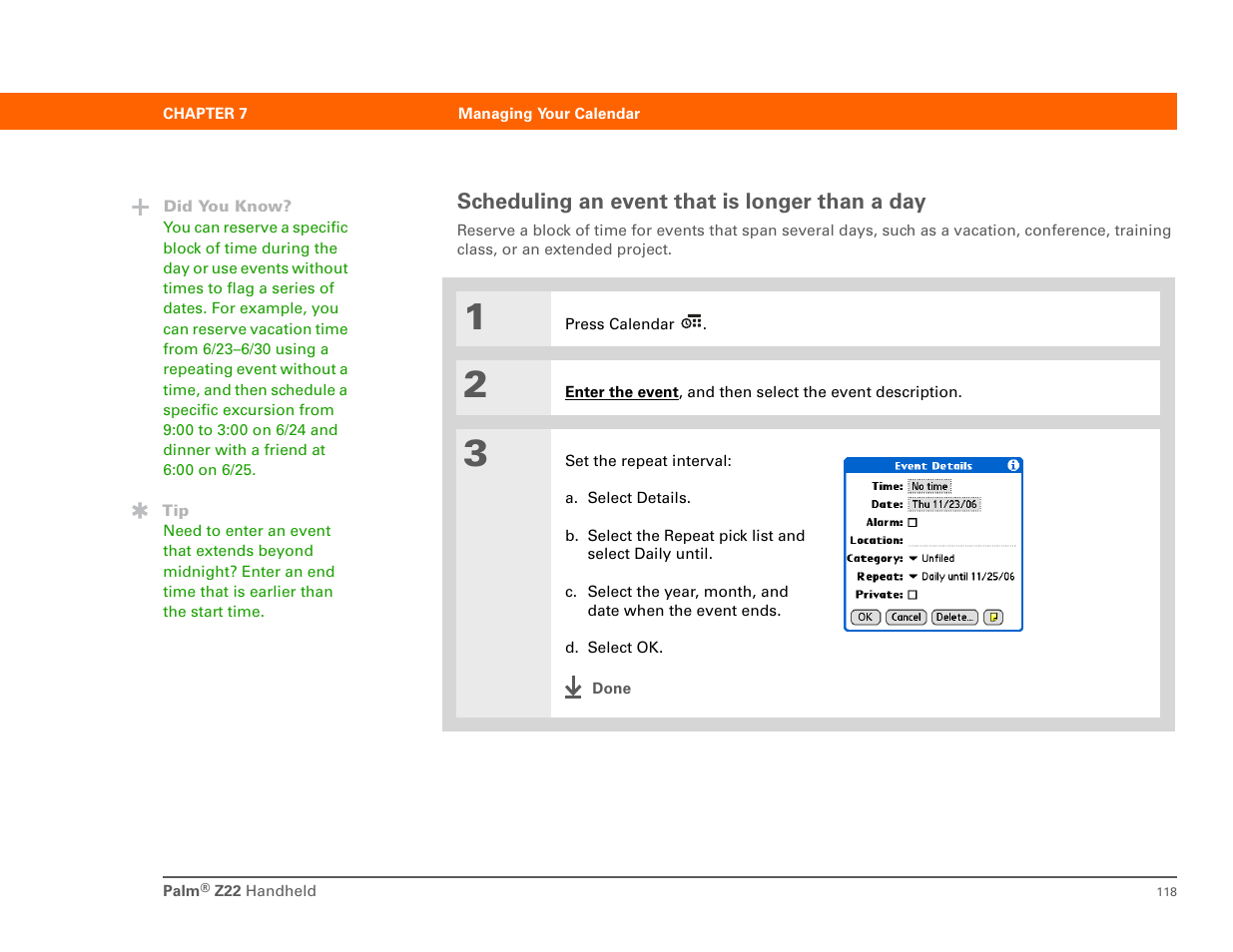 Scheduling an event that is longer than a day | Palm Z22 User Manual | Page 132 / 343