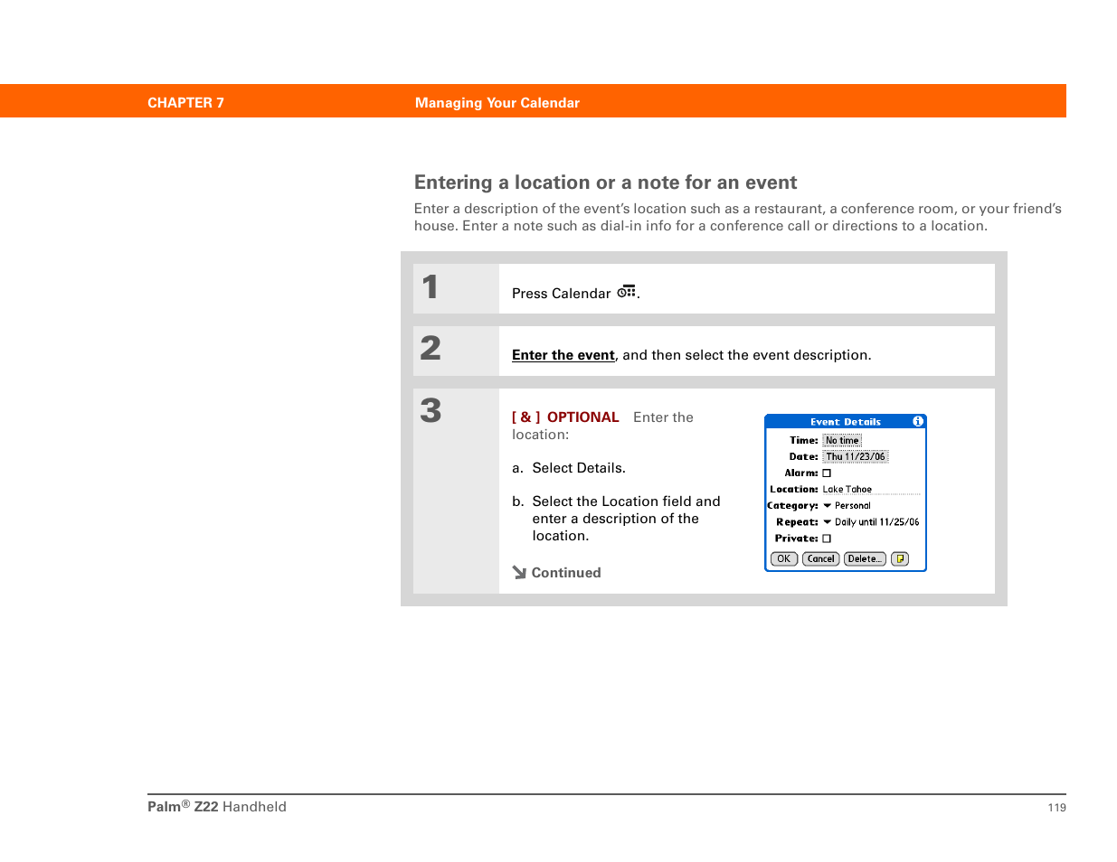 Entering a location or a note for an event | Palm Z22 User Manual | Page 133 / 343