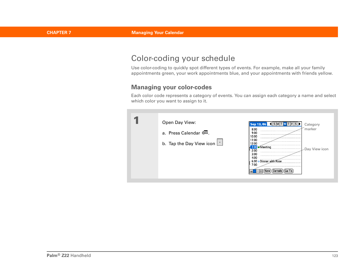 Color-coding your schedule, Managing your color-codes, Color-code your calendar | Palm Z22 User Manual | Page 137 / 343