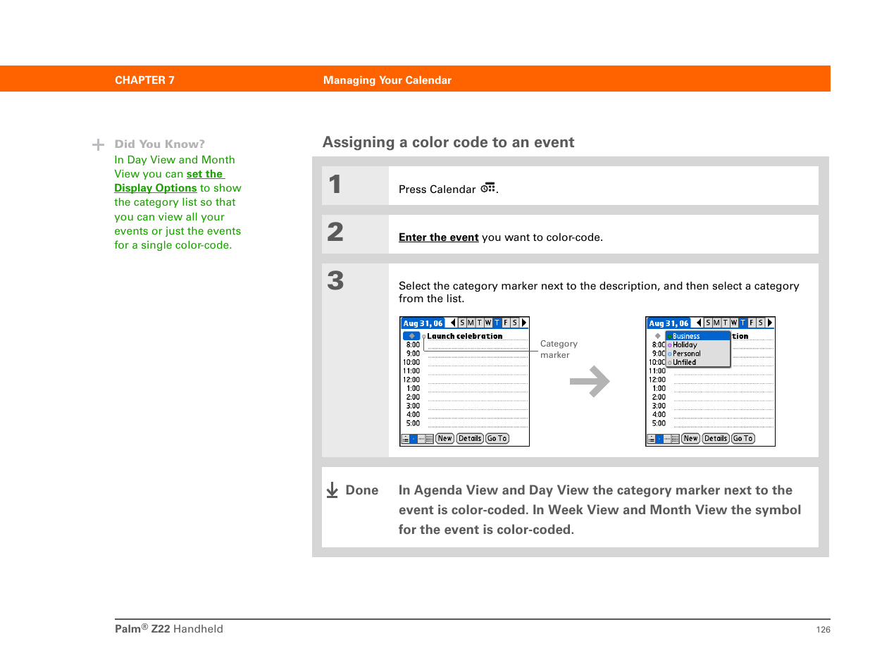 Assigning a color code to an event | Palm Z22 User Manual | Page 140 / 343