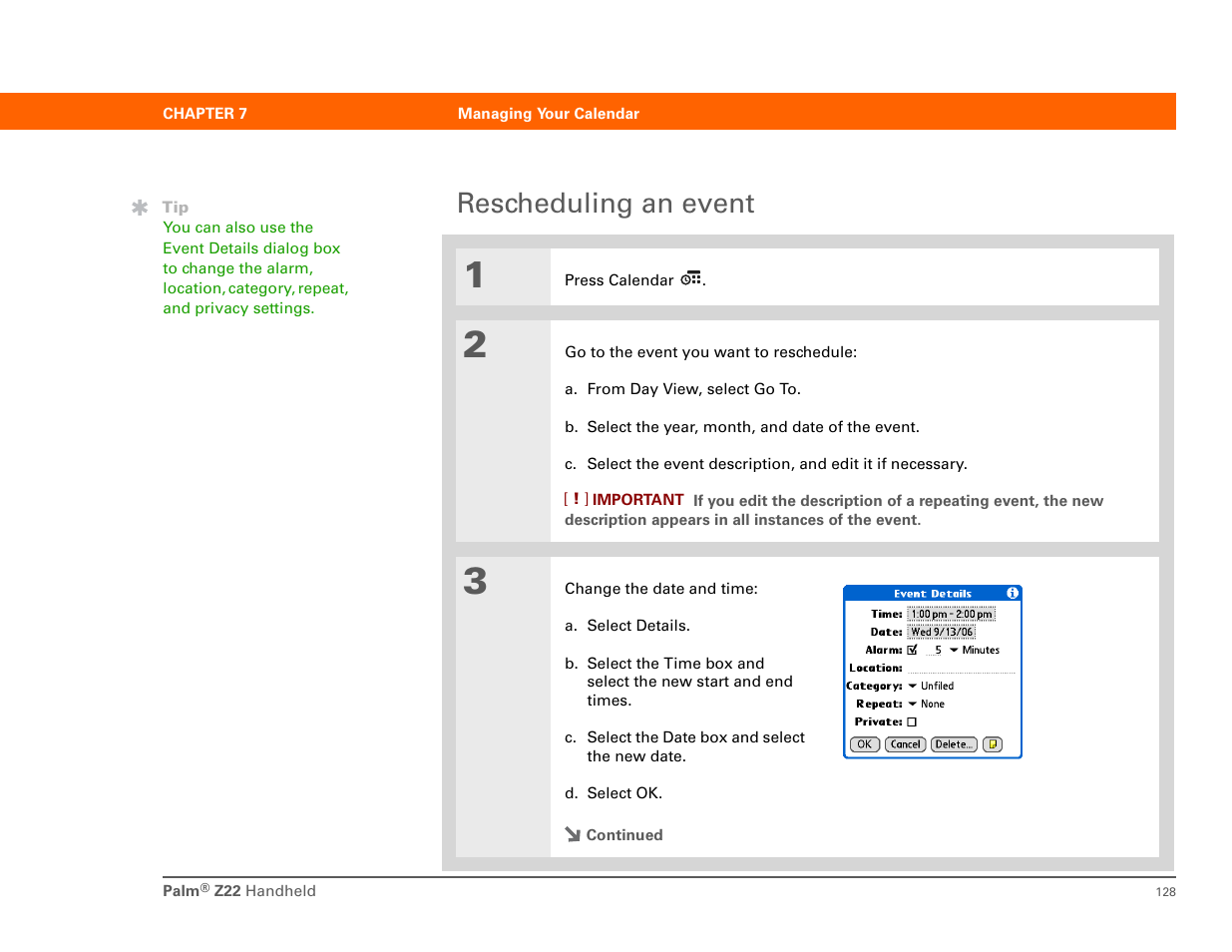 Rescheduling an event | Palm Z22 User Manual | Page 142 / 343
