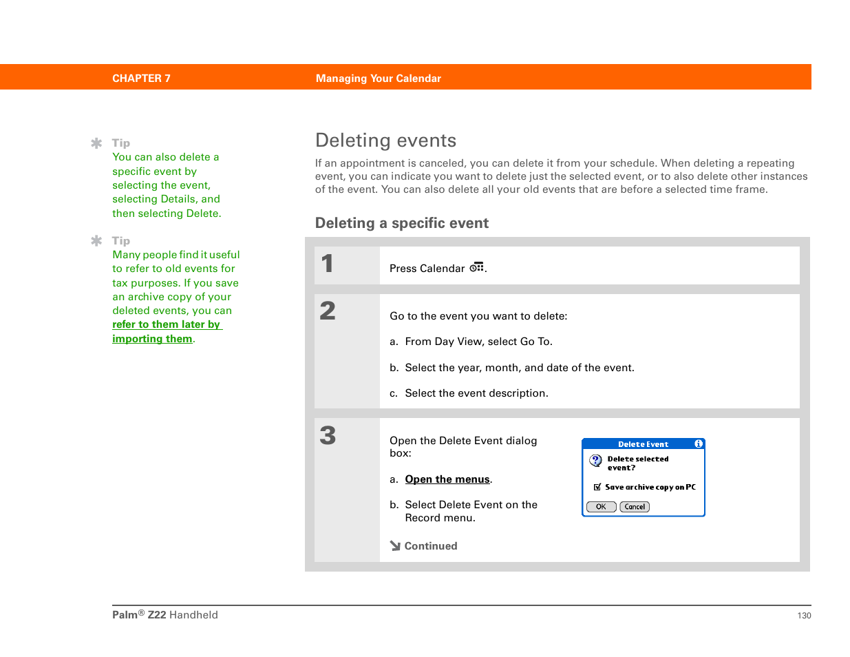 Deleting events, Deleting a specific event | Palm Z22 User Manual | Page 144 / 343
