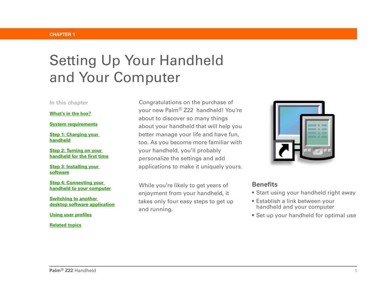 Setting up your handheld and your computer | Palm Z22 User Manual | Page 15 / 343