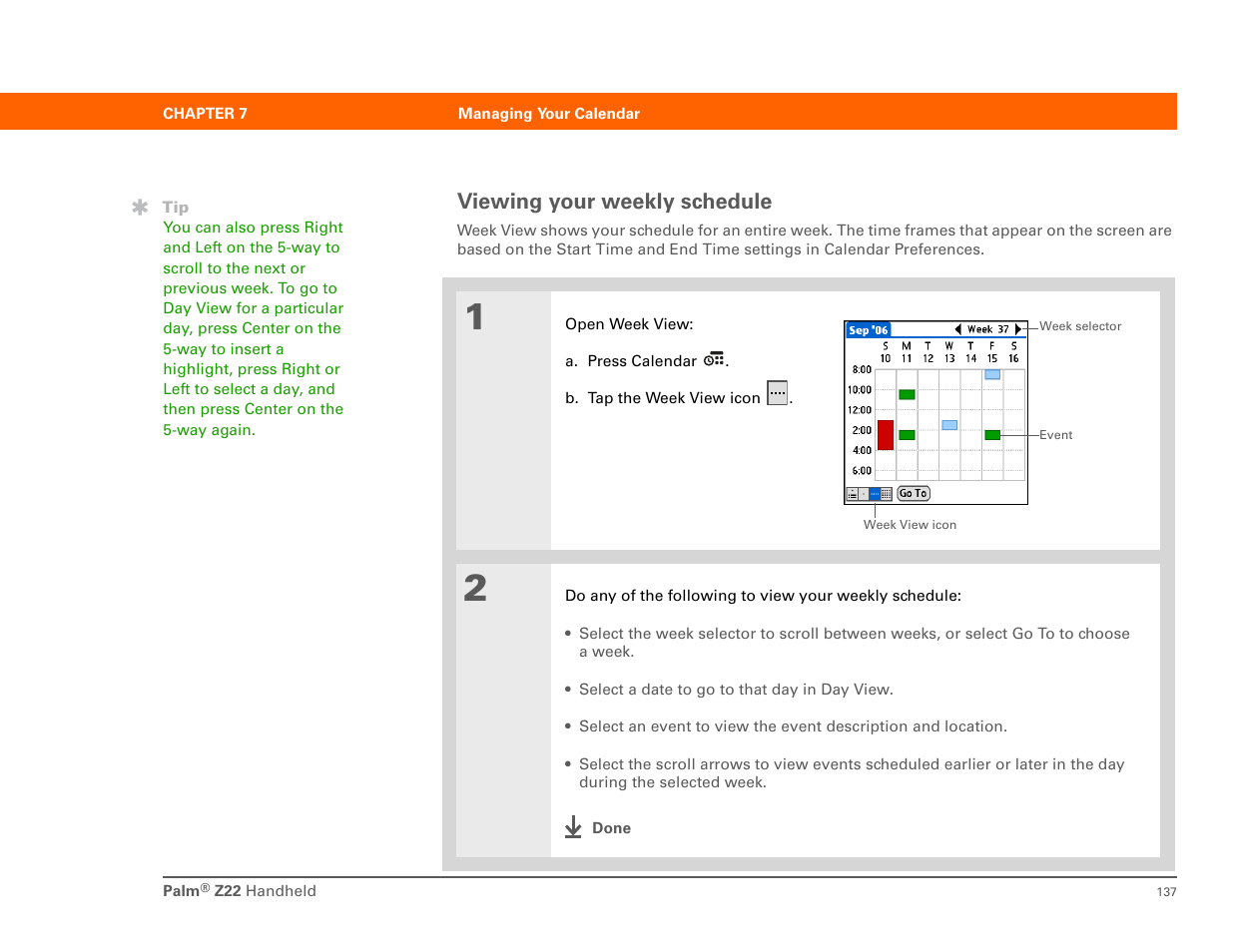 Viewing your weekly schedule | Palm Z22 User Manual | Page 151 / 343