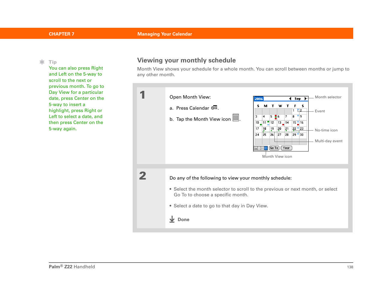 Viewing your monthly schedule | Palm Z22 User Manual | Page 152 / 343