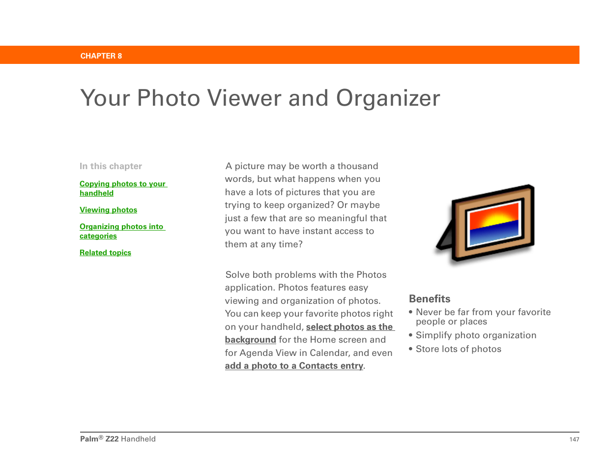 Your photo viewer and organizer, Chapter 8: your photo viewer and organizer | Palm Z22 User Manual | Page 161 / 343