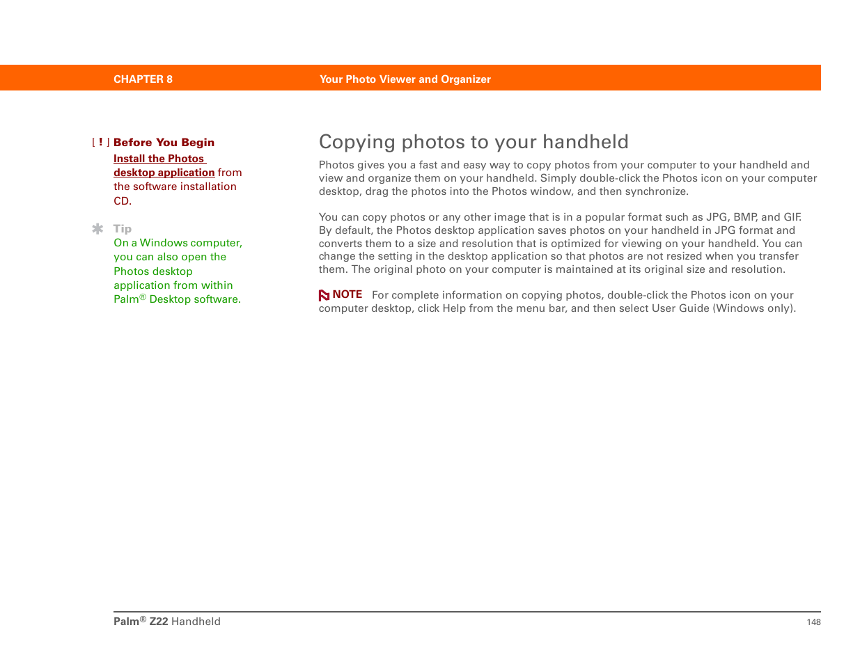 Copying photos to your handheld | Palm Z22 User Manual | Page 162 / 343