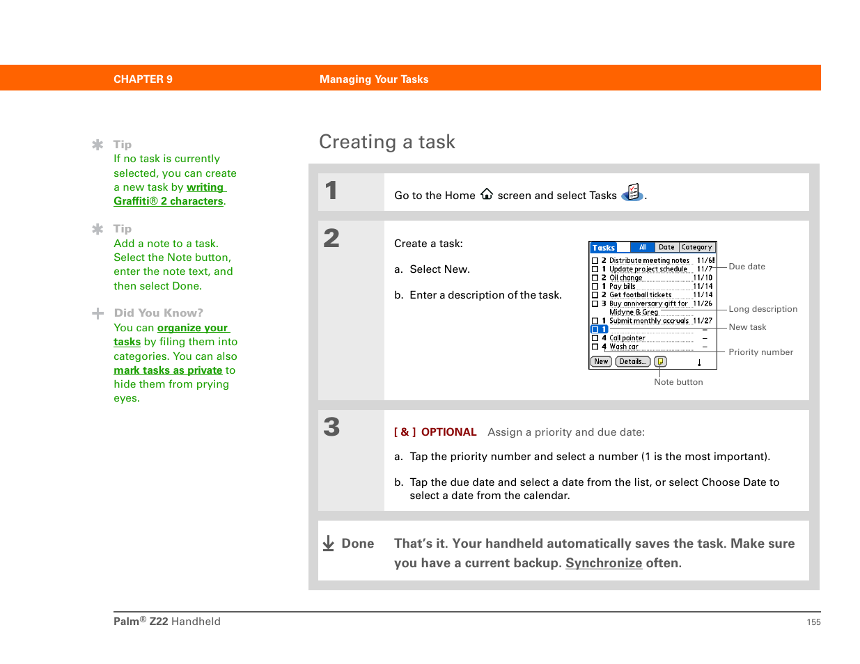 Creating a task | Palm Z22 User Manual | Page 169 / 343