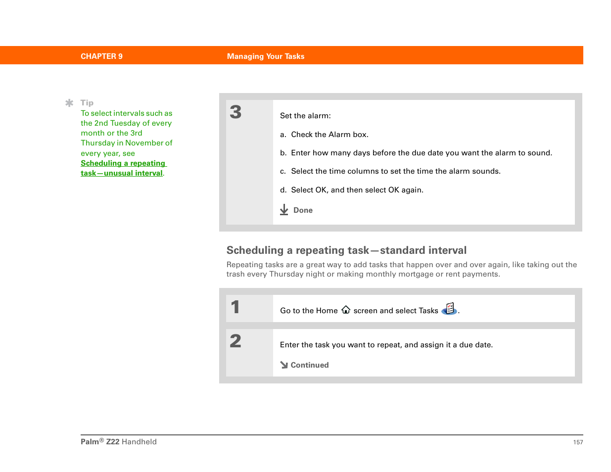 Scheduling a repeating task-standard interval, Scheduling a repeating task—standard interval | Palm Z22 User Manual | Page 171 / 343