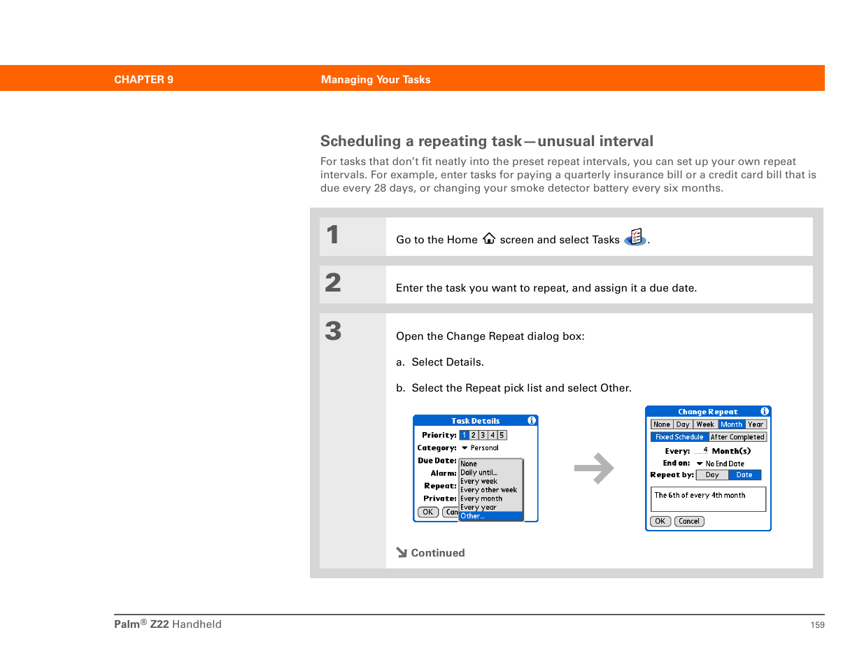 Scheduling a repeating task-unusual interval, Scheduling a repeating task—unusual interval | Palm Z22 User Manual | Page 173 / 343