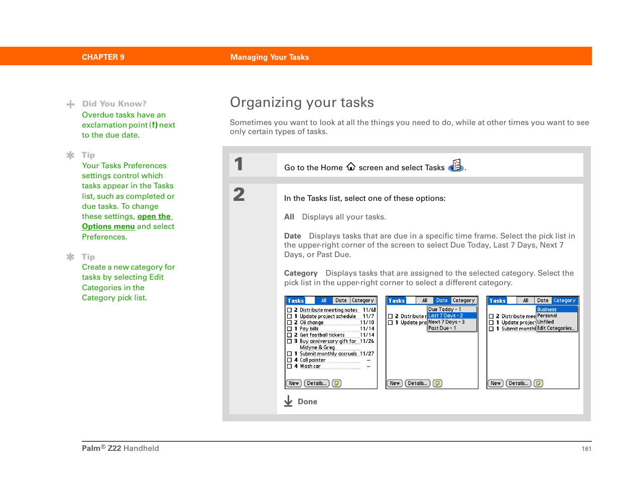 Organizing your tasks | Palm Z22 User Manual | Page 175 / 343