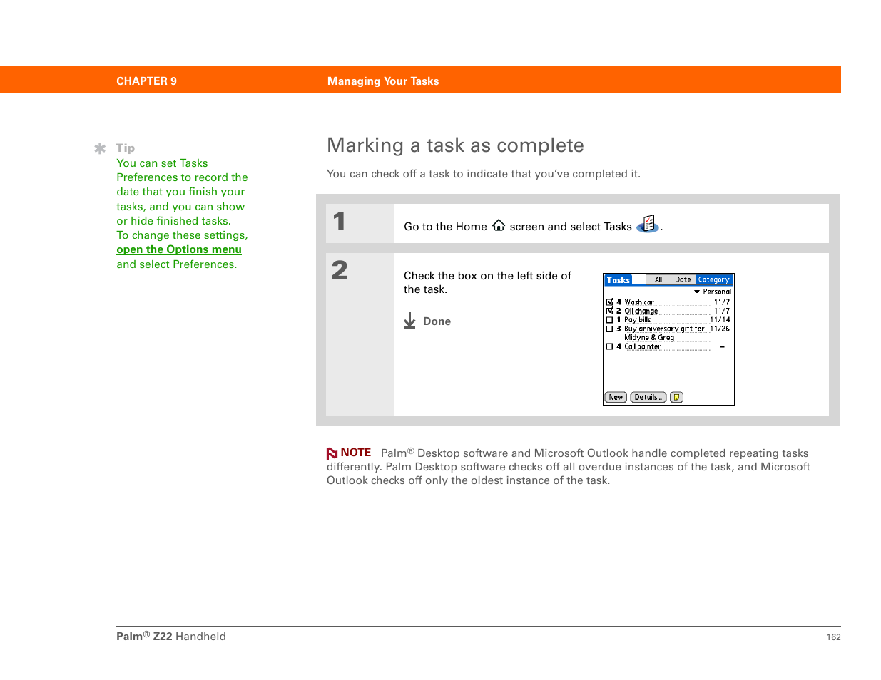 Marking a task as complete | Palm Z22 User Manual | Page 176 / 343