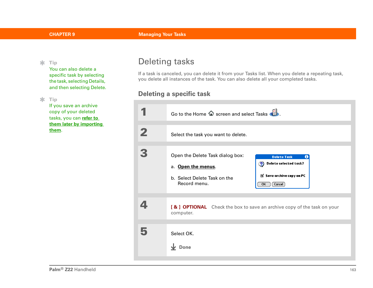 Deleting tasks, Deleting a specific task | Palm Z22 User Manual | Page 177 / 343