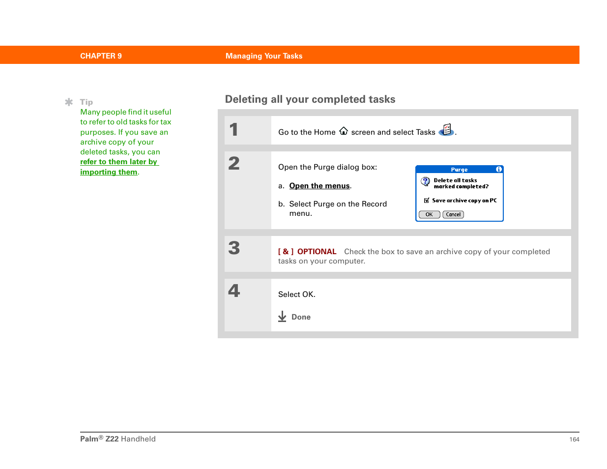 Deleting all your completed tasks | Palm Z22 User Manual | Page 178 / 343