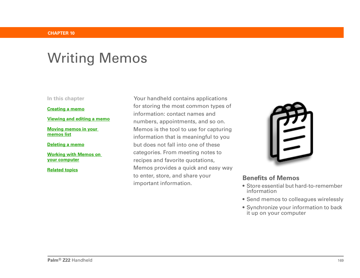 Writing memos, Chapter 10: writing memos | Palm Z22 User Manual | Page 183 / 343