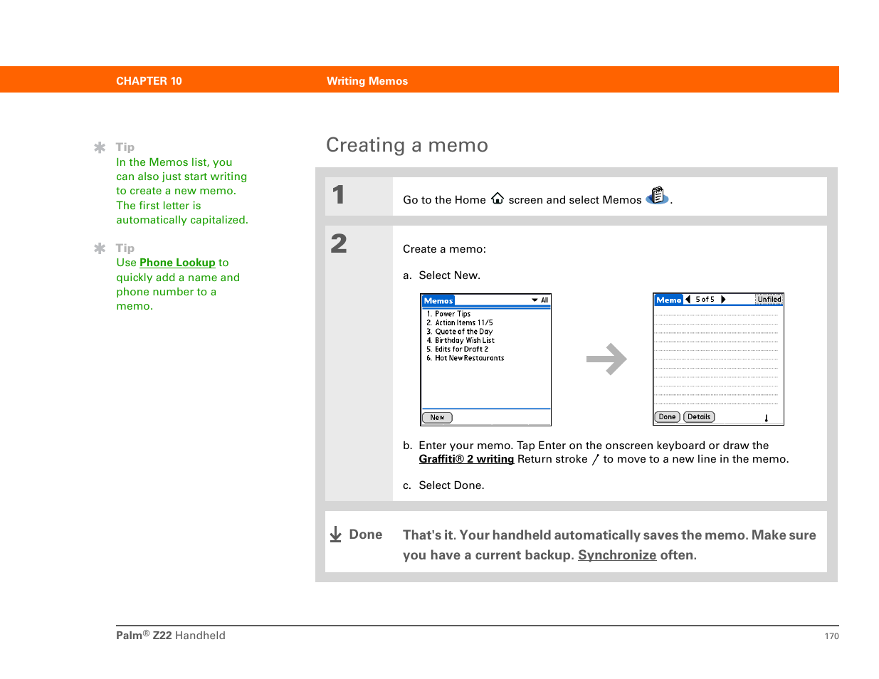 Creating a memo | Palm Z22 User Manual | Page 184 / 343